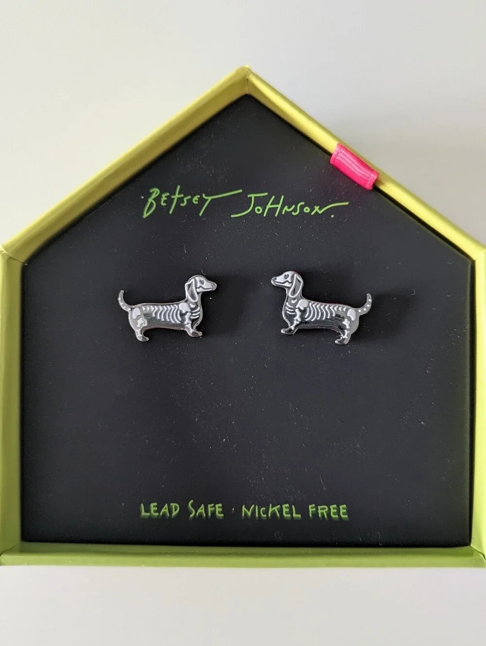 Betsey Johnson Silver-Tone Dachshund Skeleton Stud Earrings, New In Box